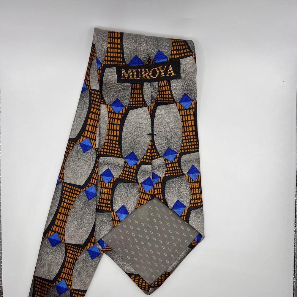Muroya - Men's Tie-58" Long-Gray Black Orange Modern Geometric Design - Silk-USA - Picture 5 of 7